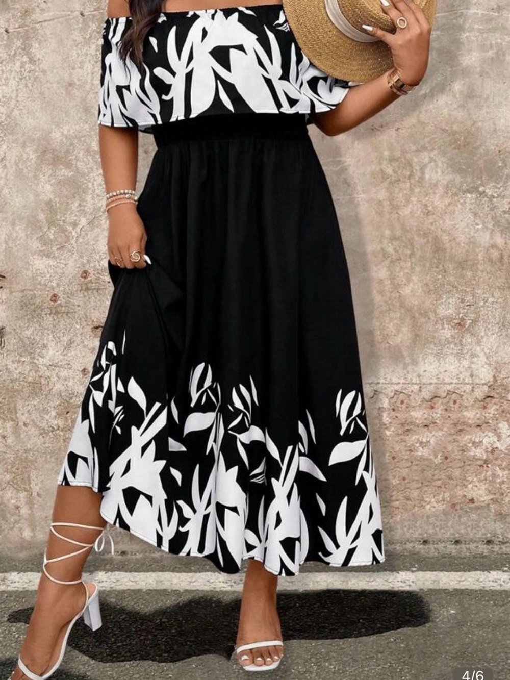 SHEIN Women’s Black  & White Floral Off-Shoulder Dress